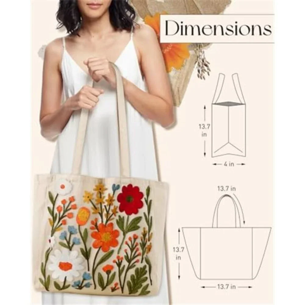 BEAUTIFUL Green Living Colorful Blooms FLORAL EMBROIDERED Linen Canvas TOTE BAG